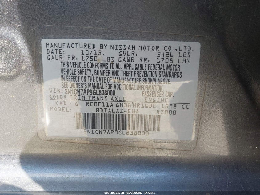 2016 NISSAN VERSA 1.6 S+ - 3N1CN7AP9GL838000