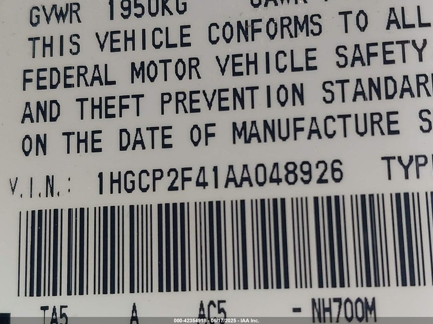 2010 HONDA ACCORD VIN: 1HGCP2F41AA048926