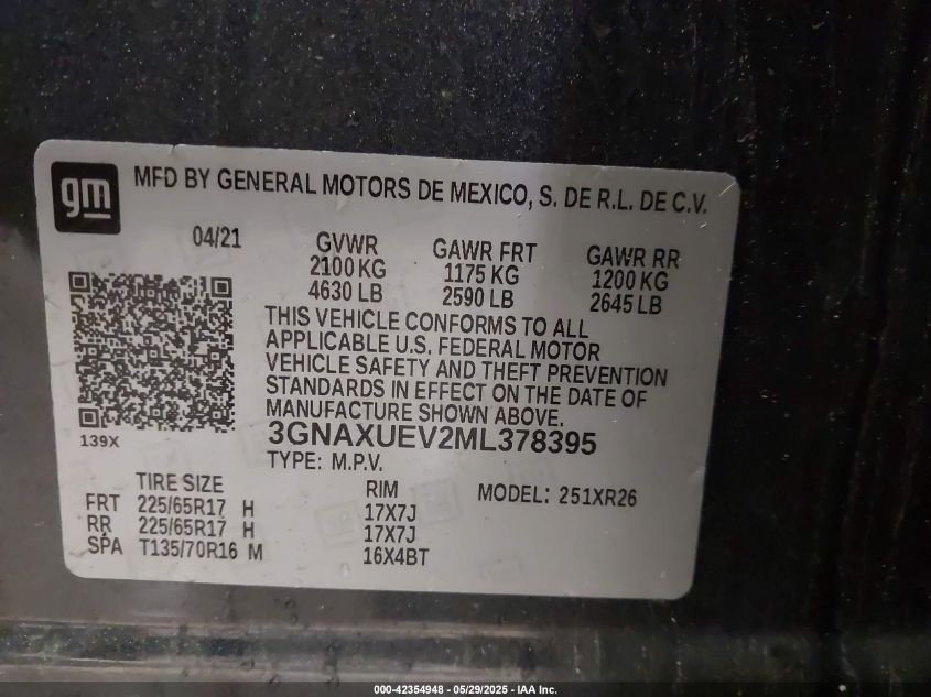 2021 Chevrolet Equinox Awd Lt VIN: 3GNAXUEV2ML378395 Lot: 42354948