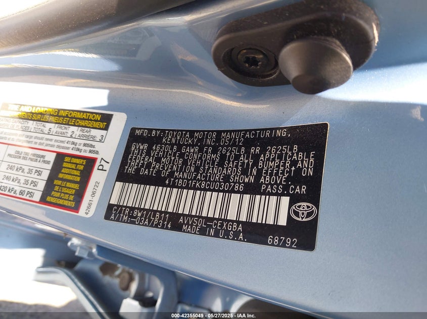 2012 TOYOTA CAMRY HYBRID VIN: 4T1BD1FK8CU030786