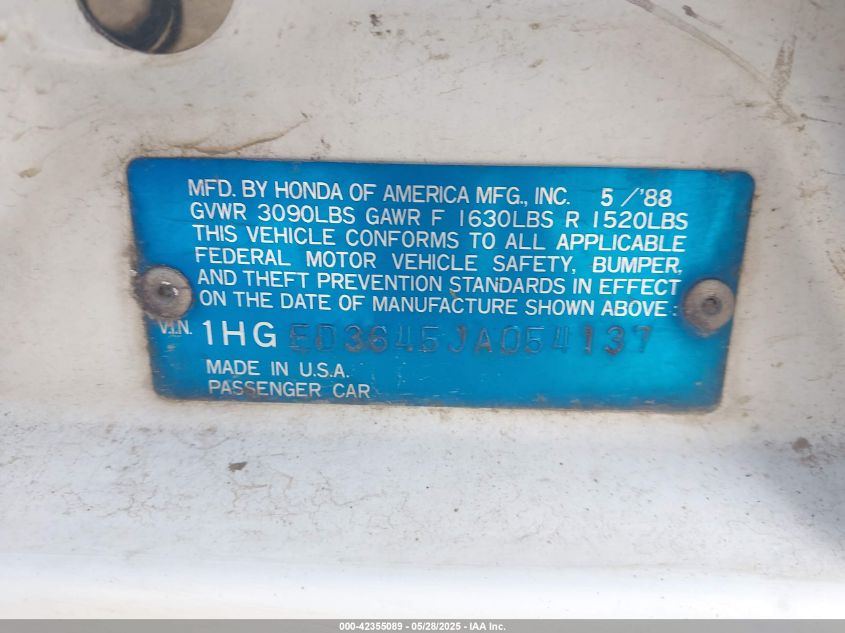 1988 Honda Civic Dx VIN: 1HGED3645JA054137 Lot: 42355089