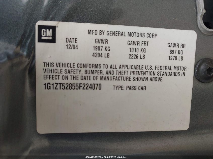 2005 Chevrolet Malibu Ls VIN: 1G1ZT52855F224070 Lot: 42355205