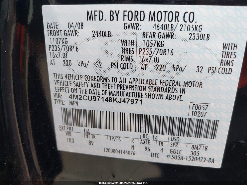 2008 MERCURY MARINER VIN: 4M2CU97148KJ47971
