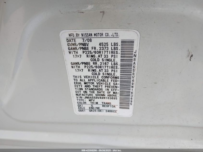 2009 Nissan Rogue Sl VIN: JN8AS58V49W163695 Lot: 42355256