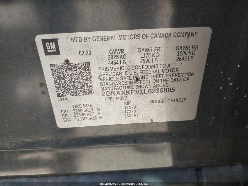 2020 CHEVROLET EQUINOX FWD LT 1.5L TURBO - 2GNAXKEV1L6236885