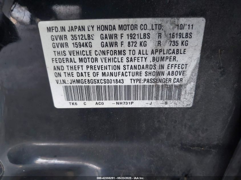 2012 Honda Fit Sport VIN: JHMGE8G5XCS001843 Lot: 42355291