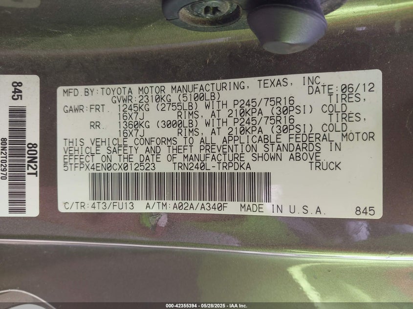 2012 TOYOTA TACOMA VIN: 5TFPX4EN0CX012523