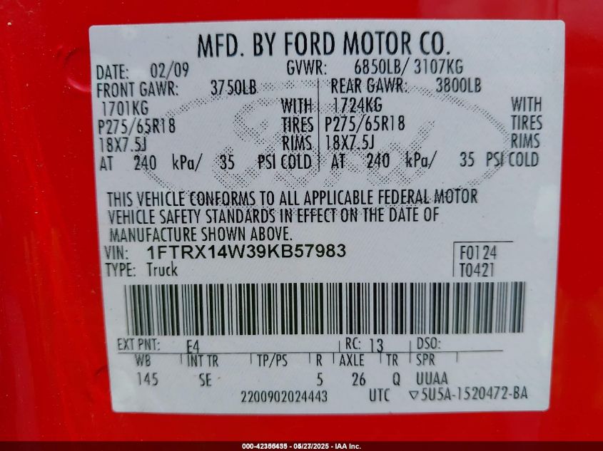 2009 Ford F-150 Stx VIN: 1FTRX14W39KB57983 Lot: 42355435