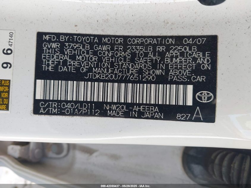 2007 Toyota Prius Touring VIN: JTDKB20U777651290 Lot: 42355437
