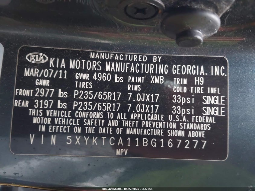 2011 Kia Sorento VIN: 5XYKTTA11BG167277 Lot: 42355504