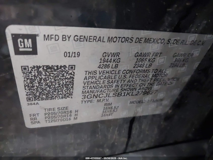 2019 CHEVROLET TRAX LT - 3GNCJLSB1KL279627