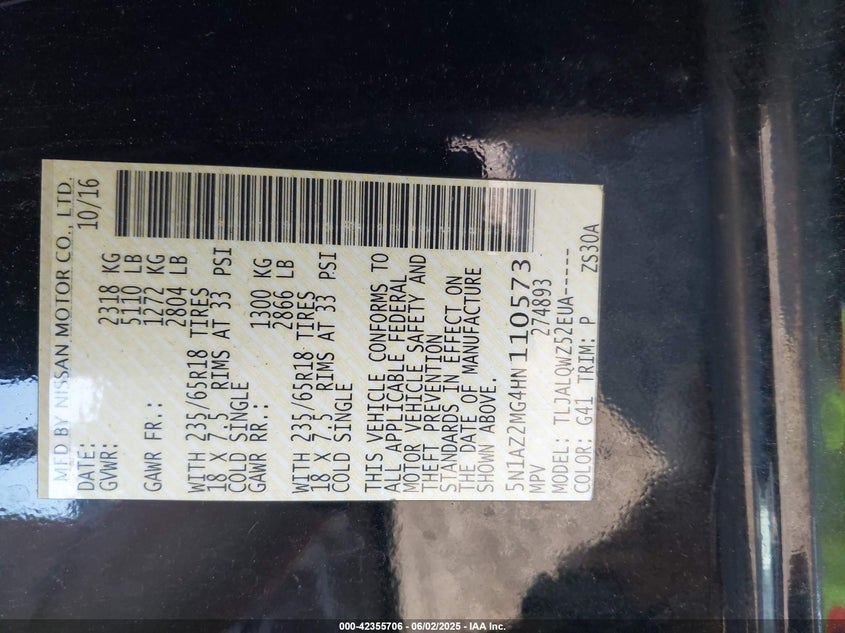 2017 NISSAN MURANO PLATINUM/S/SL/SV - 5N1AZ2MG4HN110573