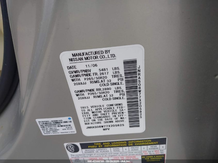 2007 Infiniti Fx35 VIN: JNRAS08W77X20582 Lot: 42355789