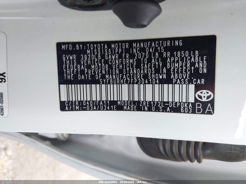 2015 TOYOTA COROLLA L - 5YFBURHE7FP304104
