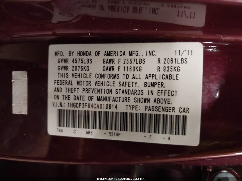 2012 HONDA ACCORD VIN: 1HGCP3F84CA010814