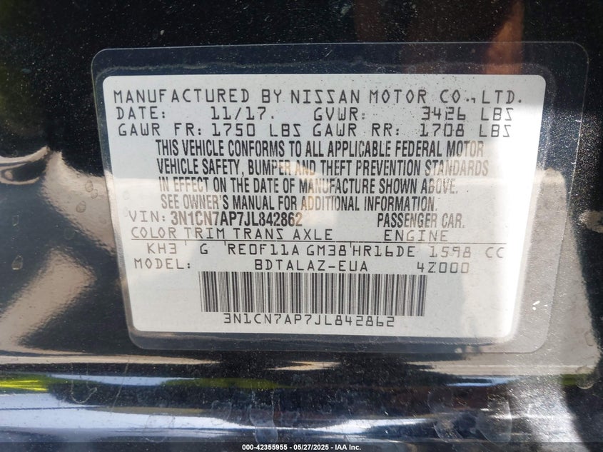 2018 NISSAN VERSA VIN: 3N1CN7AP7JL842862