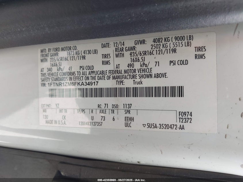2015 FORD TRANSIT-250 VIN: 1FTNR1ZM6FKA34917
