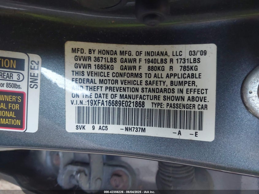 2009 HONDA CIVIC VIN: 19XFA16689E021868