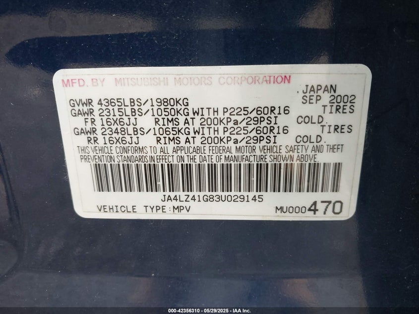 2003 Mitsubishi Outlander Xls VIN: JA4LZ41G83U029145 Lot: 42356310