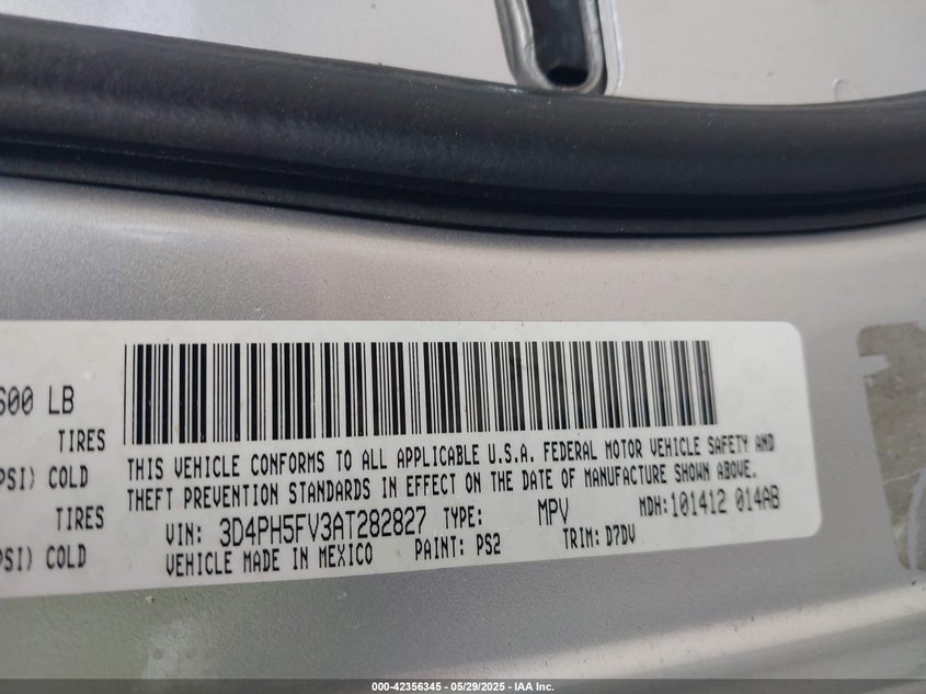 2010 DODGE JOURNEY VIN: 3D4PH5FV3AT282827