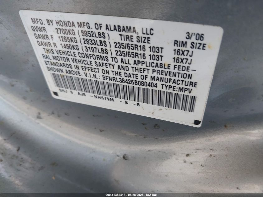 2006 Honda Odyssey Ex VIN: 5FNRL38426B080404 Lot: 42356418