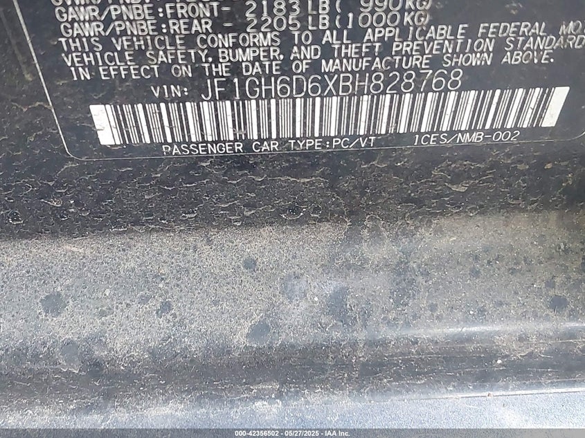 2011 SUBARU IMPREZA OUTBACK SPORT VIN: JF1GH6D6XBH828768