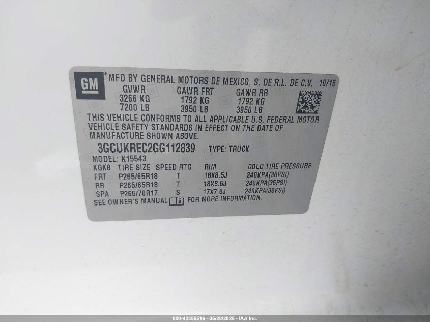 2016 Chevrolet Silverado 1500 2Lt VIN: 3GCUKREC2GG112839 Lot: 42356516