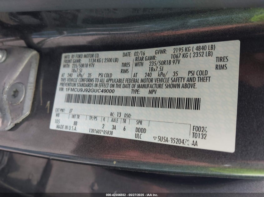 2016 FORD ESCAPE VIN: 1FMCU9J92GUC49000