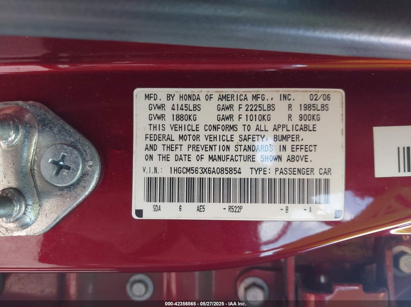 2006 HONDA ACCORD VIN: 1HGCM563X6A085854