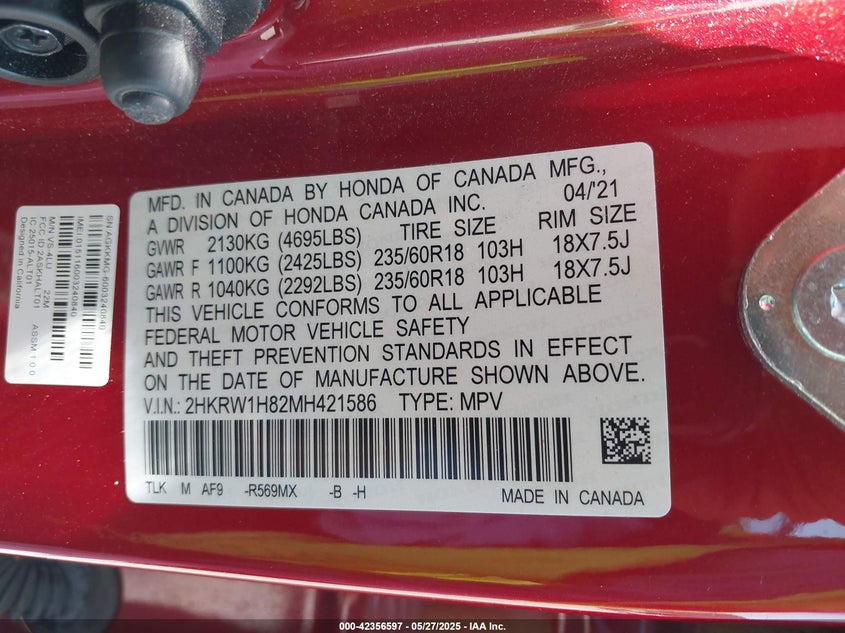 2021 HONDA CR-V VIN: 2HKRW1H82MH421586