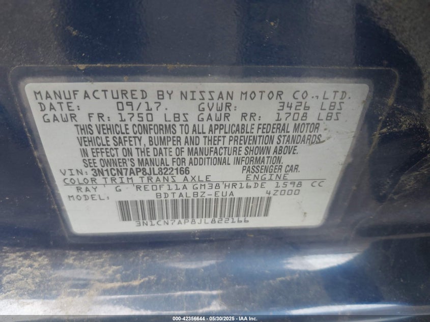 2018 NISSAN VERSA VIN: 3N1CN7AP8JL822166
