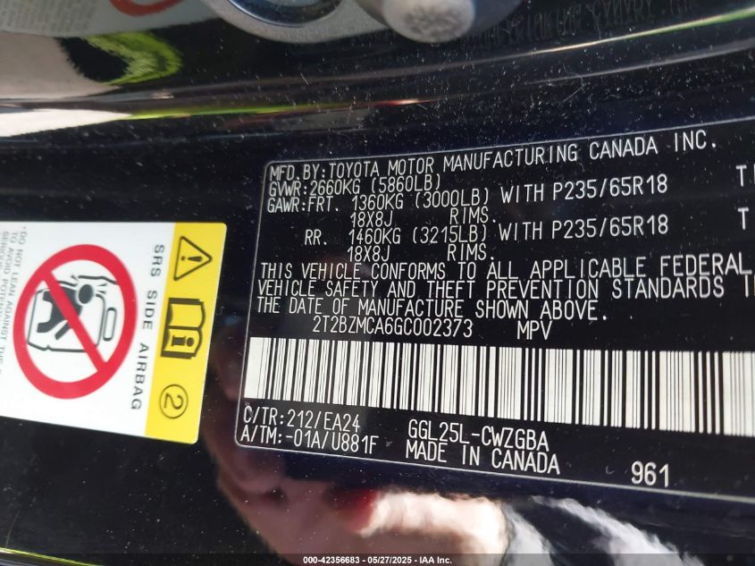 2016 Lexus Rx 350 VIN: 2T2BZMCA6GC002373 Lot: 42356683