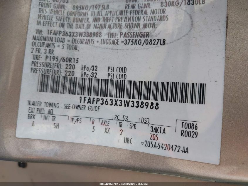 2003 Ford Focus Se/Se Sport/Ztw VIN: 1FAFP363X3W33898 Lot: 42356707