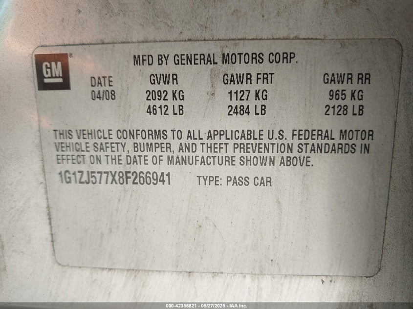 2008 CHEVROLET MALIBU VIN: 1G1ZJ577X8F266941