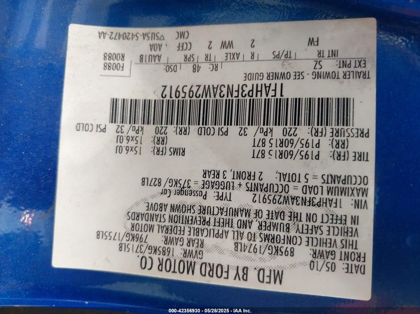 2010 FORD FOCUS VIN: 1FAHP3FN3AW295912