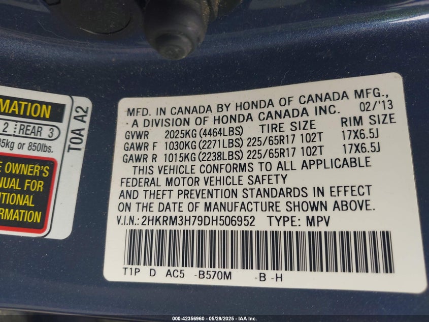 2013 HONDA CR-V VIN: 2HKRM3H79DH506952