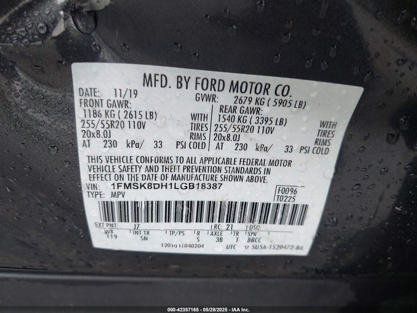 2020 FORD EXPLORER VIN: 1FMSK8DH1LGB18387