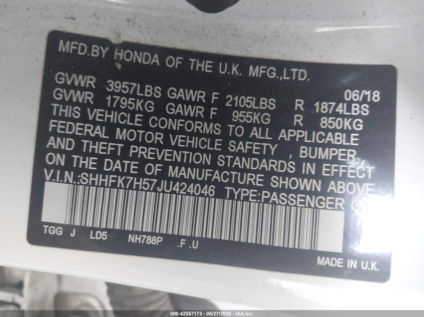 2018 HONDA CIVIC VIN: SHHFK7H57JU424046