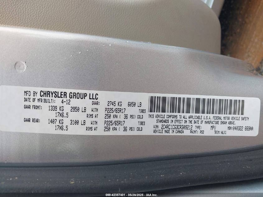 2012 Chrysler Town & Country Touring-L VIN: 2C4RC1CG3CR30921 Lot: 42357401