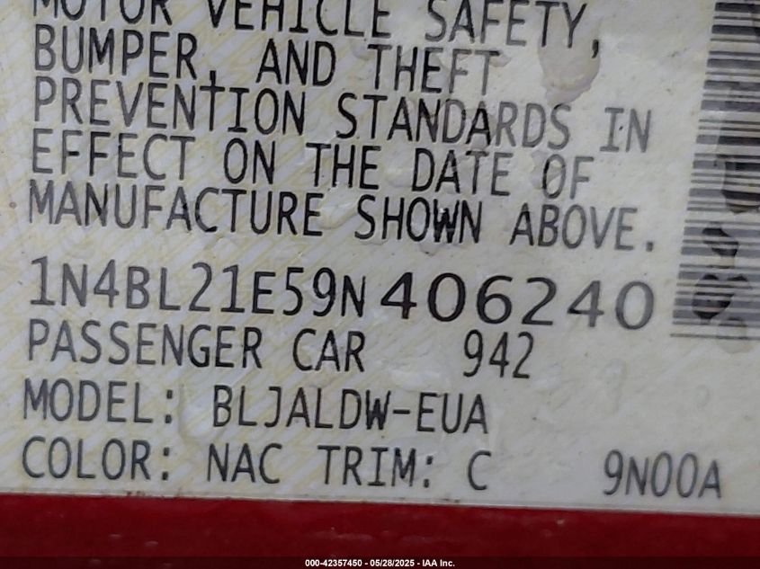 2009 Nissan Altima 3.5 Se VIN: 1N4BL21E59N406240 Lot: 42357450