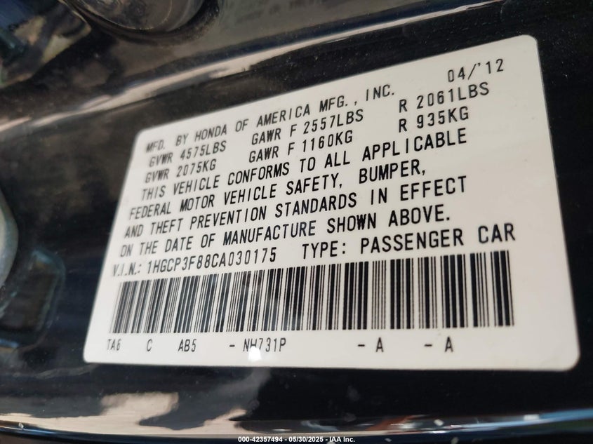 2012 Honda Accord 3.5 Ex-L VIN: 1HGCP3F88CA030175 Lot: 42357494