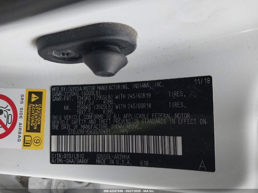 2019 Toyota Highlander Xle VIN: 5TDJZRFH5KS57049 Lot: 42357546