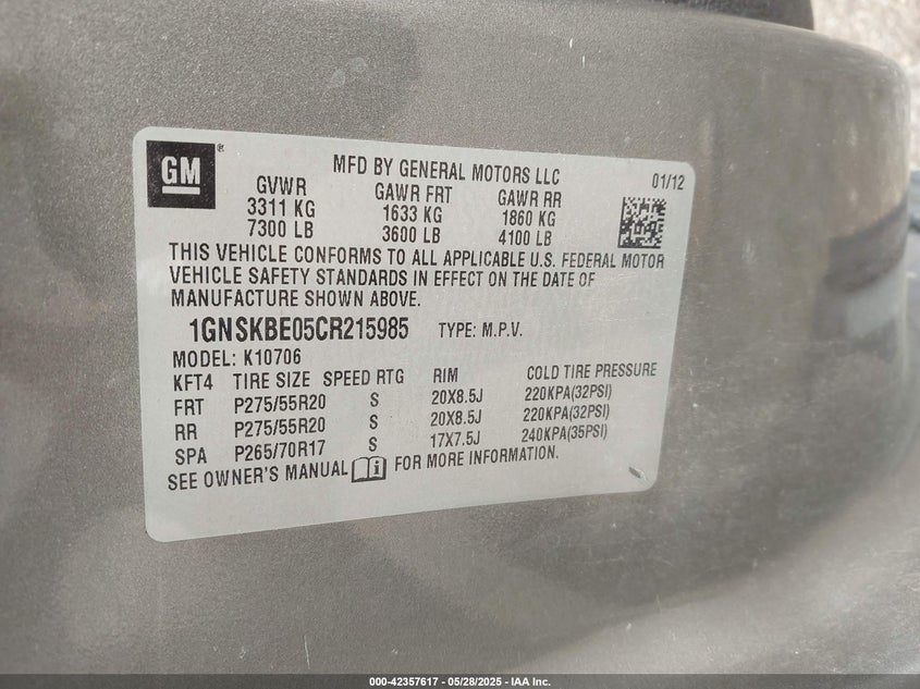 2012 CHEVROLET TAHOE VIN: 1GNSKBE05CR215985