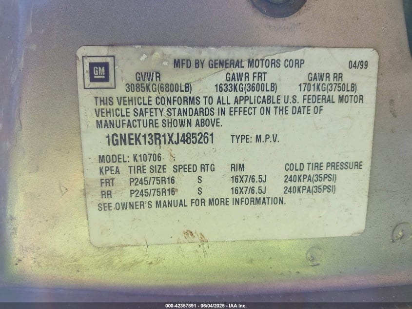 1999 Chevrolet Tahoe Ls VIN: 1GNEK13R1XJ485261 Lot: 42357891