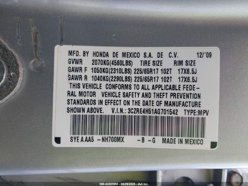 2010 Honda Cr-V Ex VIN: 3CZRE4H51AG701542 Lot: 42357893