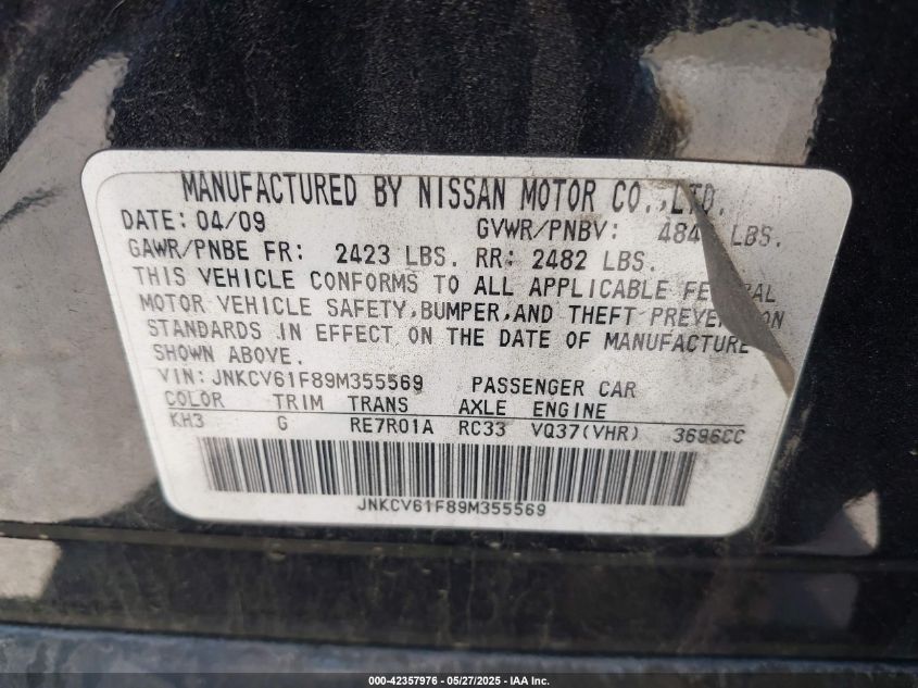 2009 Infiniti G37X VIN: JNKCV61F89M355569 Lot: 42357976