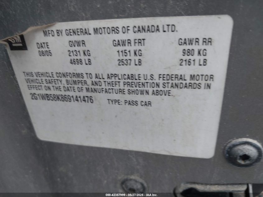 2006 Chevrolet Impala Ls VIN: 2G1WB58K869141476 Lot: 42357999