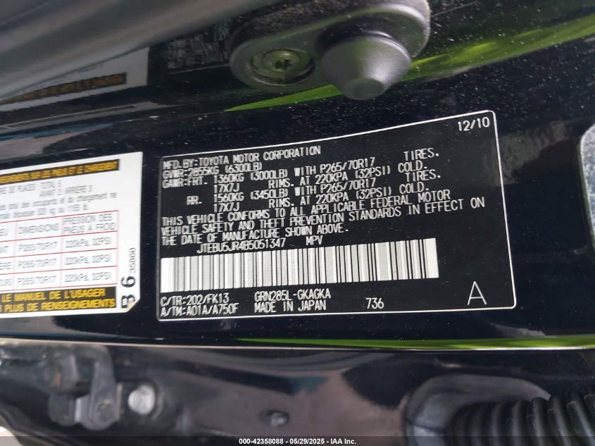 2011 Toyota 4Runner Sr5 V6 VIN: JTEBU5JR4B5051347 Lot: 42358088