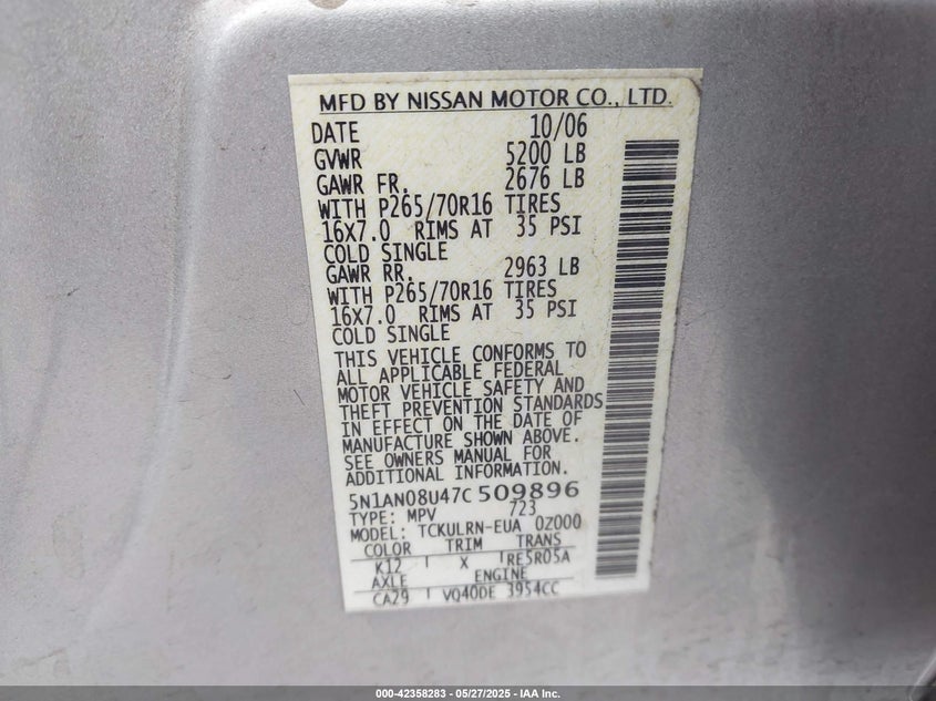 2007 NISSAN XTERRA VIN: 5N1AN08U47C509896