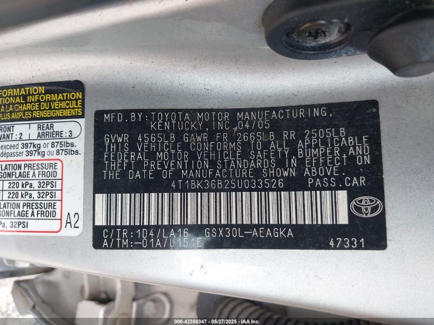 2005 Toyota Avalon Xls VIN: 4T1BK36B25U033526 Lot: 42358347